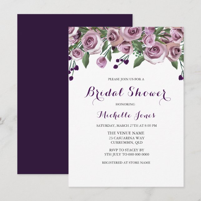 Invitation Romantique violet Rose nuptiale de douche Invitati (Devant / Derrière)