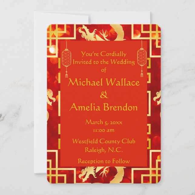 Invitation ronde du Mariage de Dragon Rouge et Or (Devant)