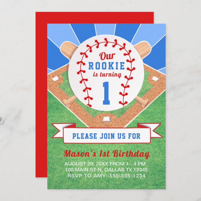 Invitation Rookie Baseball 1er anniversaire (Devant / Derrière)