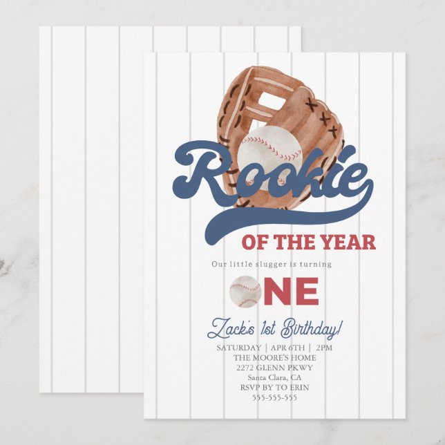Invitation Rookie Baseball glove Boys 1er anniversaire (Devant / Derrière)