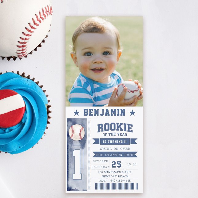 Invitation Rookie Baseball Photo Blue Boy Anniversaire Invita (boy 1st birthday invitation photo baseball rookie of the year sports ticket blue game time cute)