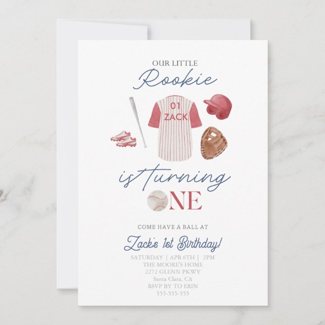Invitation Rookie Baseball Uniform Boys 1er anniversaire (Devant)