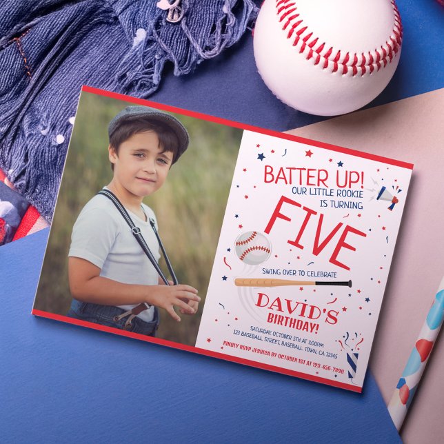Invitation Rookie Batter Up Red Baseball Photo Anniversaire (Créateur téléchargé)