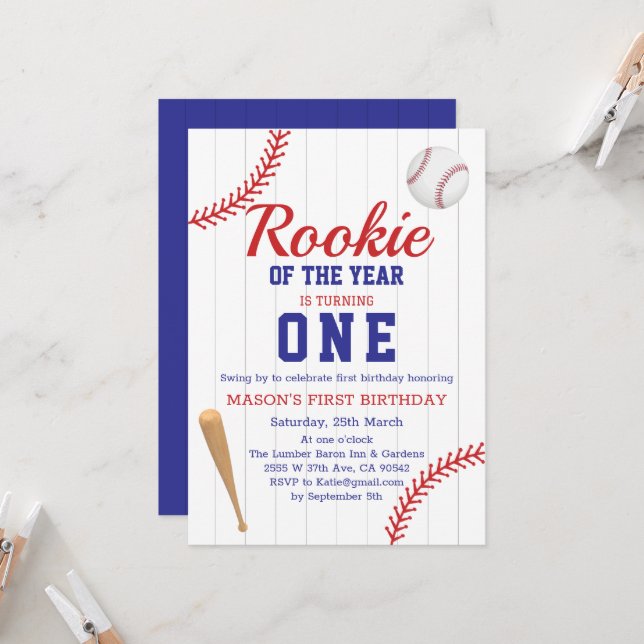 Invitation Rookie De L'Année Baseball 1er Anniversaire (Devant/Arrière en situation)