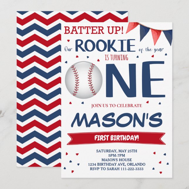 Invitation Rookie de l'année Baseball 1er Anniversaire Invita (Devant / Derrière)
