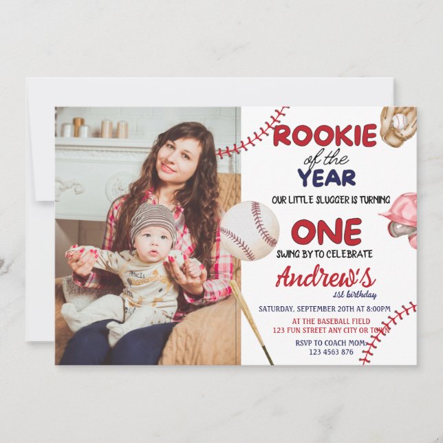 Invitation Rookie De L'Année Baseball Thème 1er Anniversaire (Devant)