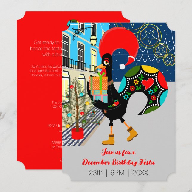 Invitation Rooster drôle, illuminations de Noël, fête d'anniv (Devant / Derrière)