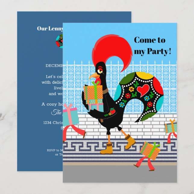 Invitation Rooster portugais avec cadeaux 1ère fête d'anniver (Devant / Derrière)