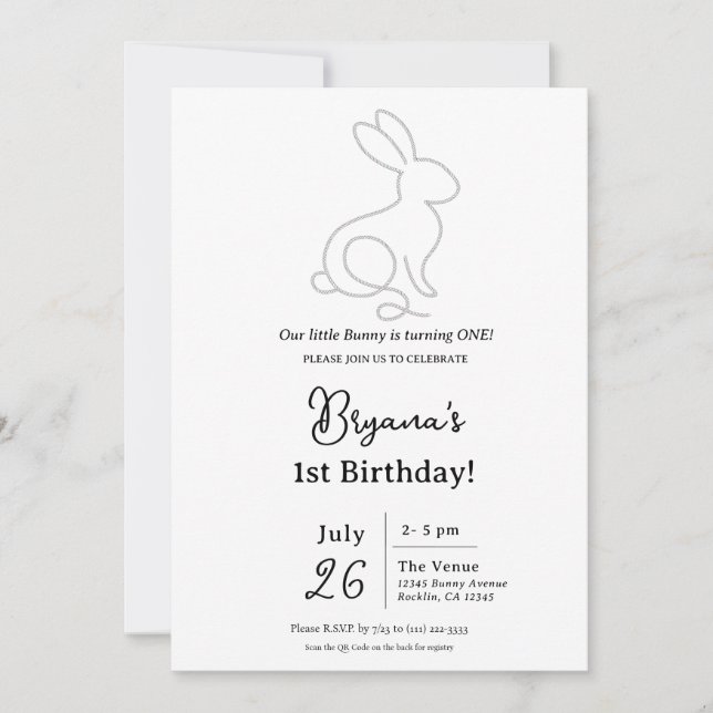 Invitation Rope Lapin Lapin Minimal Moderne 1er Anniversaire (Devant)