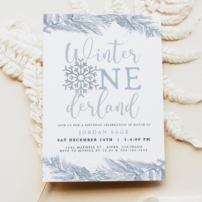 Invitation RORY Blue Winter OnderLand Pine 1er anniversaire (Créateur téléchargé)