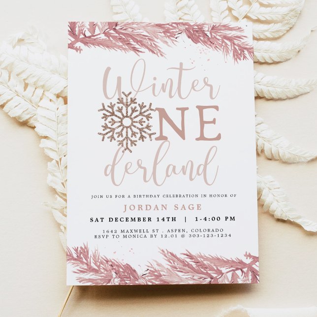 Invitation RORY Blush Winter OnderLand Pine 1er anniversaire (Créateur téléchargé)