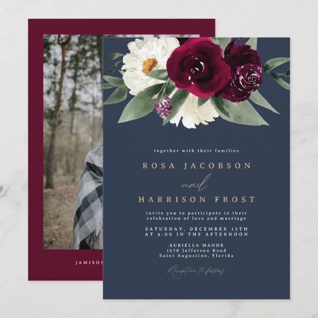 Invitation ROSA Bourgogne et marine Floral Winter Wedding (Devant / Derrière)