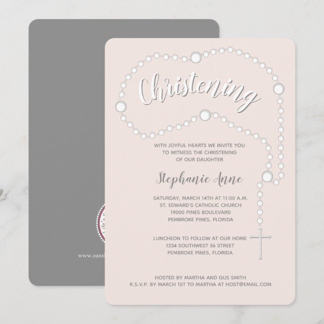 Invitation Rosaire de Christening sur rose (Devant / Derrière)