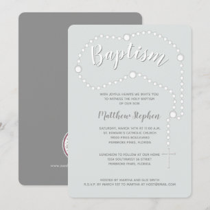 Invitation Rosaire du baptême sur bleu en poudre