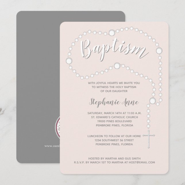 Invitation Rosaire du baptême sur rose (Devant / Derrière)