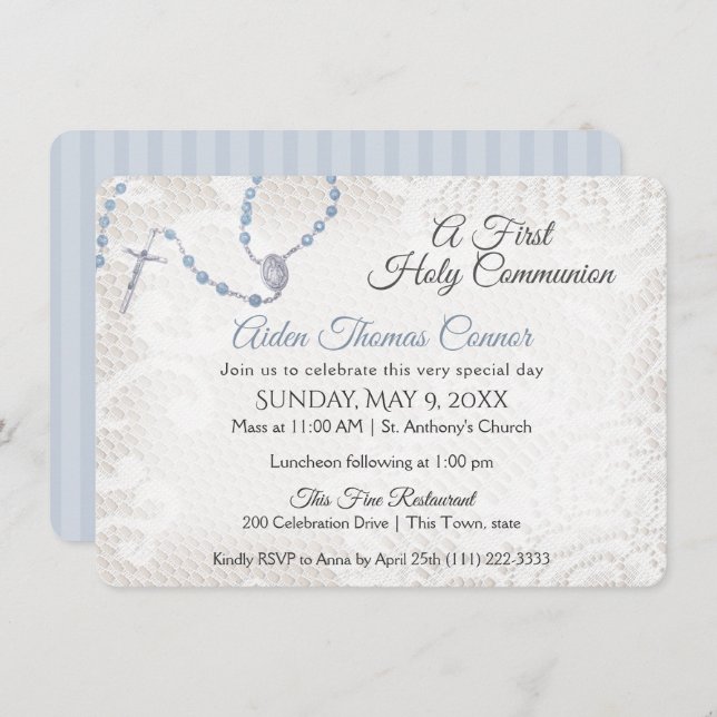 Invitation Rosaire et dentelle première communion bleu (Devant / Derrière)