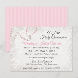 Invitation Rosaire et dentelle première communion rose