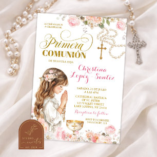 Invitation Rosaire Fleur Rose Fille Primera Comunion