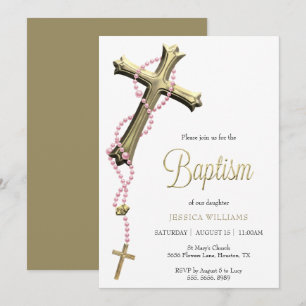 Invitation Rosaire rose Décoré Croix d'or Baptême