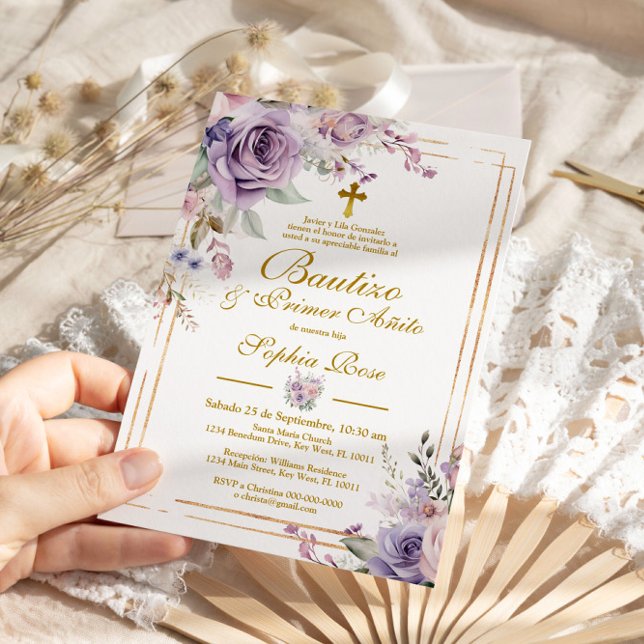 Invitation Rosas Moradas para Bautizo & Primer Añito (Créateur téléchargé)