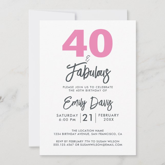 Invitation Rose 40 et fabuleux | Fête du 40e anniversaire (Devant)