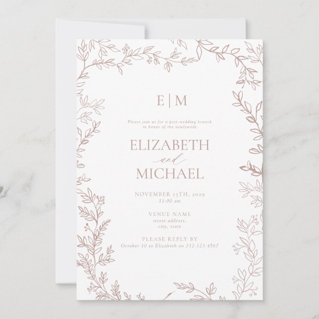 Invitation Rose à feuilles Monogram Post Mariage Brunch  (Devant)