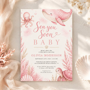 Invitation Rose, à la mer bientôt bébé fille océane Baby Show