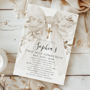 Invitation Rose à ruban blanc pour la première communion
