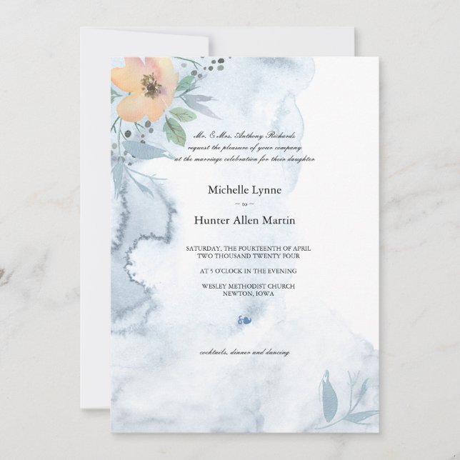 Invitation Rose à une personne et Dusty Blue 2 Mariage (Devant)