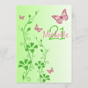 Invitation Rose, anniversaire floral de Buttterflies de vert