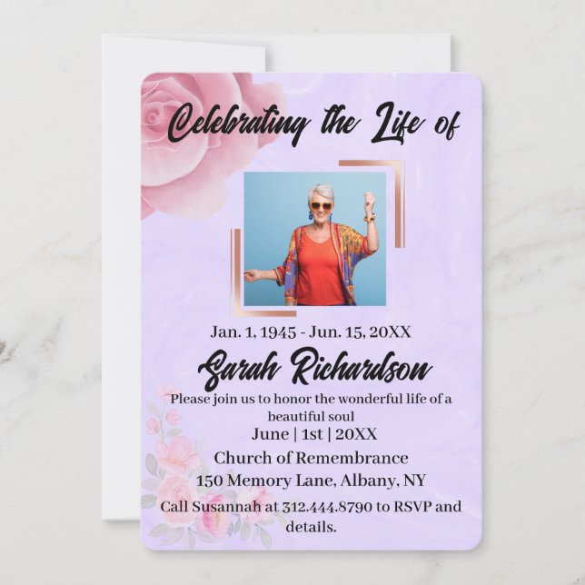 Invitation Rose Aquarelle Florale Célébration de la vie Servi (Devant)