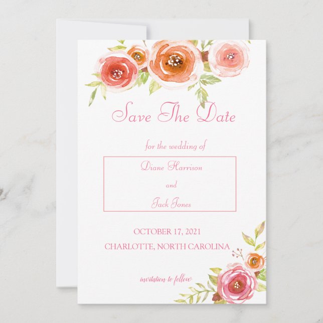 Invitation Rose Aquarelle Florale Mariage Enregistrer La Date (Devant)