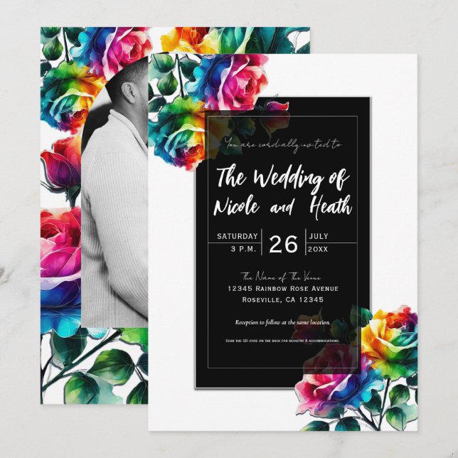 Invitation Rose arc-en-ciel noir et blanc Mariage floral vif (Devant / Derrière)