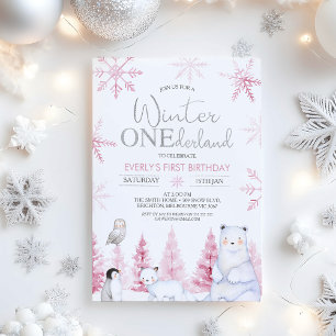 Invitation Rose Argent Animaux Hiver Onederland Anniversaire