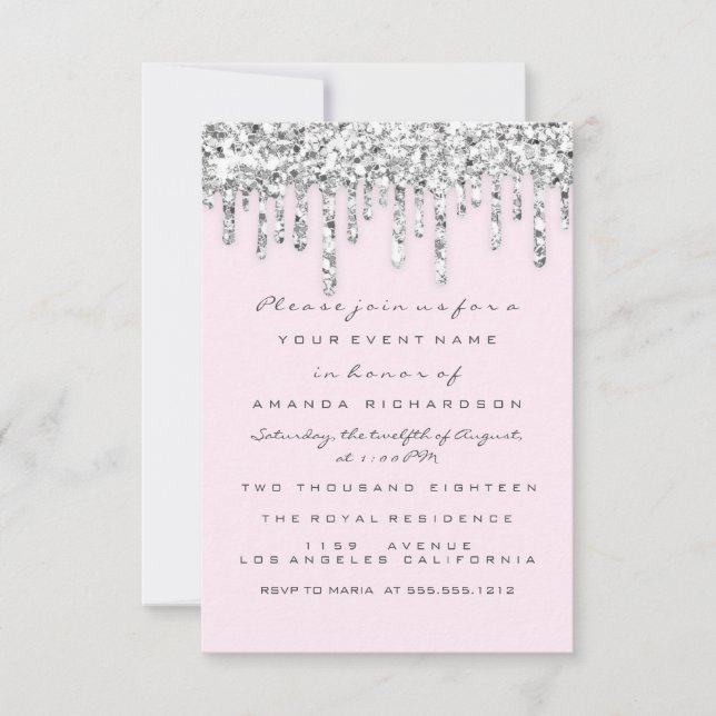 Invitation Rose Argent Gris Effet Pailleté Gouttes Mariée (Devant)