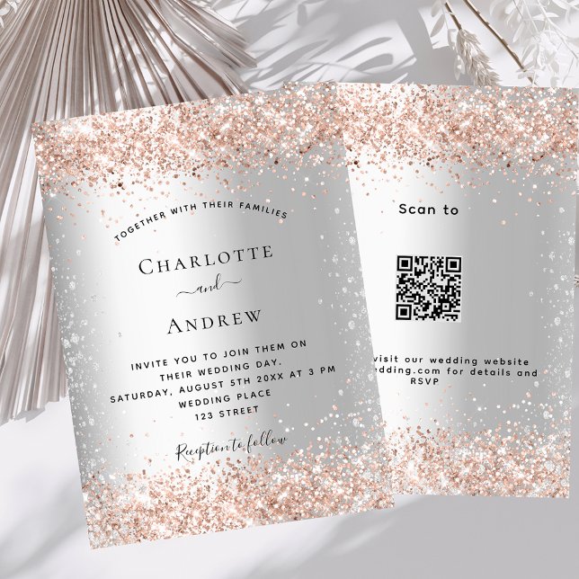 Invitation Rose argent or code QR RSVP détails mariage (Créateur téléchargé)