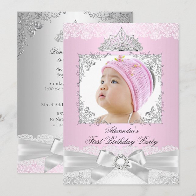 Invitation rose & Argent Princesse Fille Premier anniversaire (Devant / Derrière)