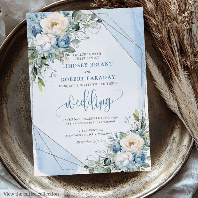 Invitation Rose argenté bleu foncé (Sophisticated Dusty Blue White Silver Roses Wedding Invitation)