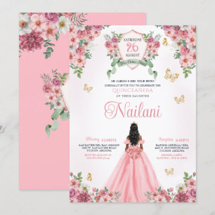 Invitation Rose avec des papillons d'or Rose Bloom Quinceaner