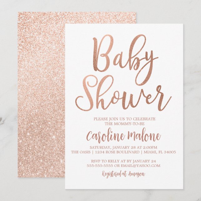 Invitation rose Baby shower d'or (Devant / Derrière)