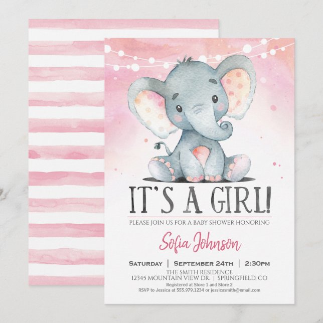 Invitation rose Baby shower Eléphant fille (Devant / Derrière)