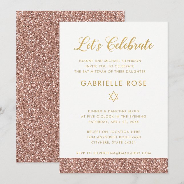 Invitation Rose Bat mitzvah rose Gold Parties scintillant réc (Devant / Derrière)