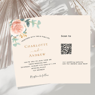 Invitation Rose beige or floral QR code RSVP mariage