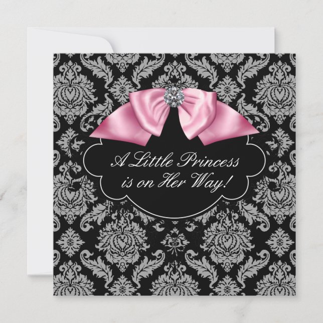 Invitation Rose Black Damask Princesse Baby Girl Douche (Devant)
