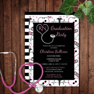 Invitation Rose   Black Médicale Nurse Graduation Party