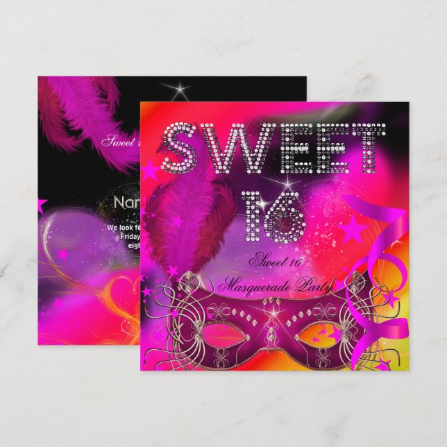 Invitation Rose Black Sweet 16 Masquerade Anniversaire (Devant / Derrière)