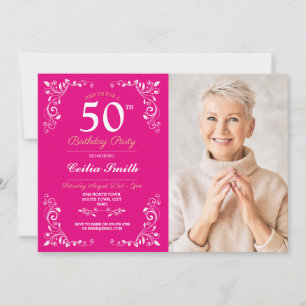 Invitation Rose Blanc Élégant Anniversaire Femme Classé Photo