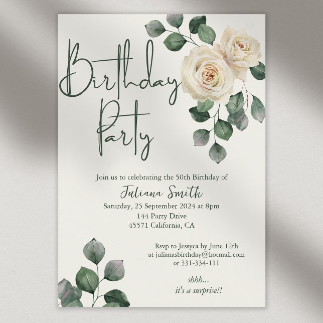 Invitation Rose blanc et vert fête d'anniversaire adulte (Créateur téléchargé)