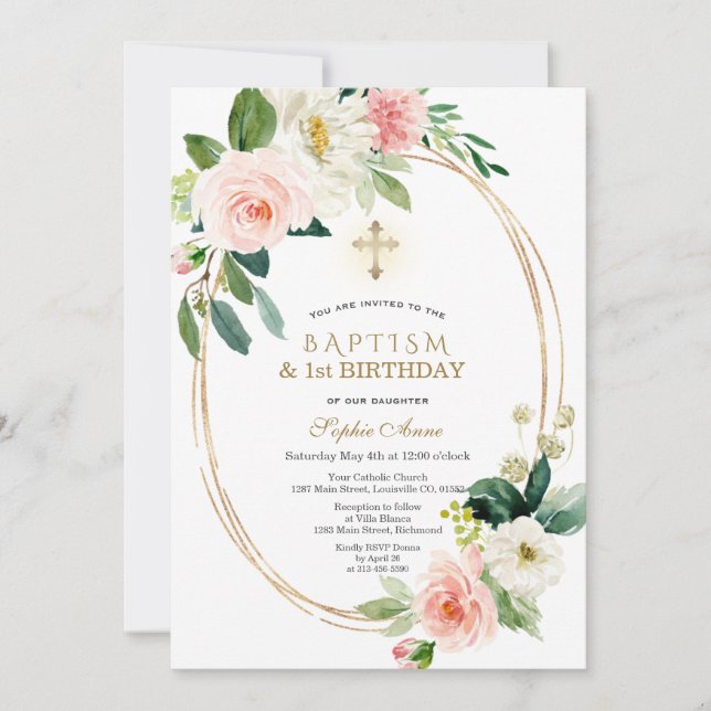 Invitation Rose Blanc Floral Girl 1er Anniversaire & Baptême (Devant)