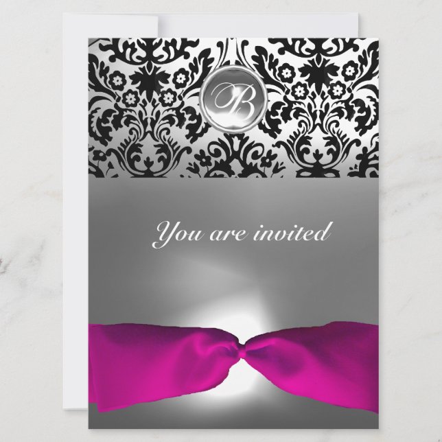 INVITATION ROSE BLANC FUCHSIA DAMASK GEM STONE MONOGRAM (Devant)